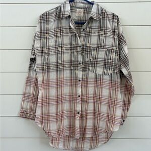 Grace&Emma Distressed Plaid Button-Down Shirt